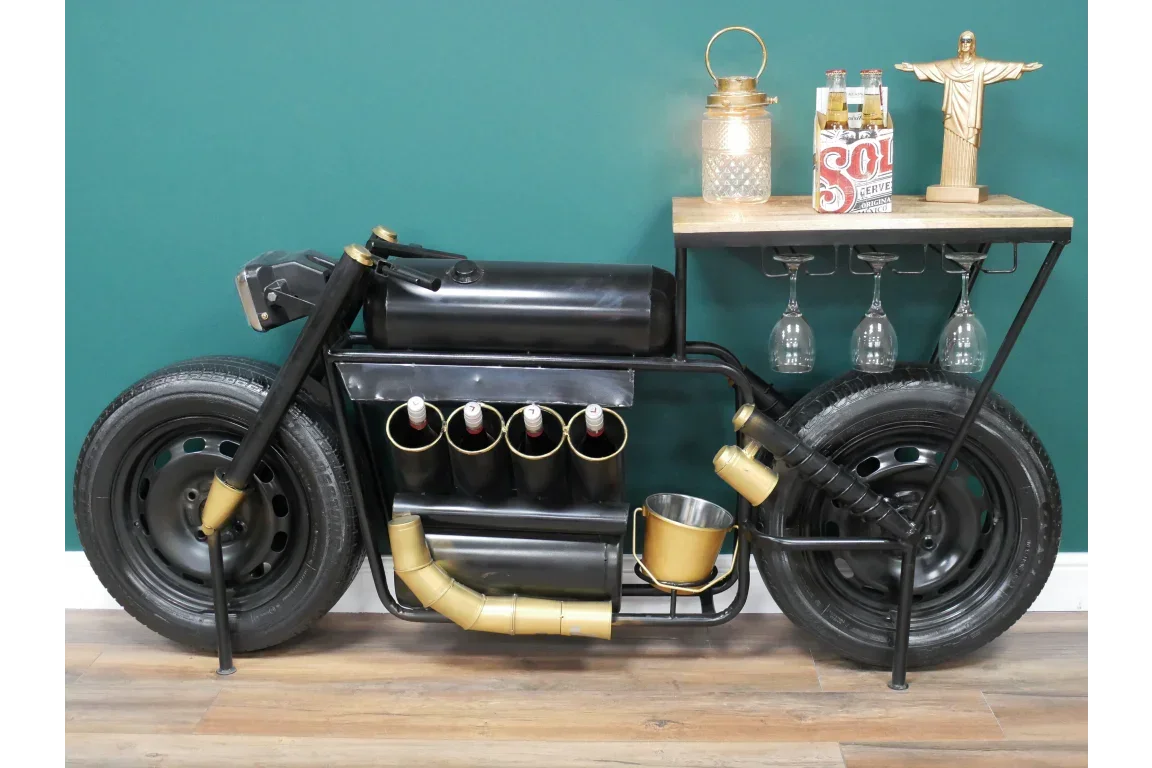 Motorcycle bar cabinet with bottle holders, countertop, and hanging wine glass storage