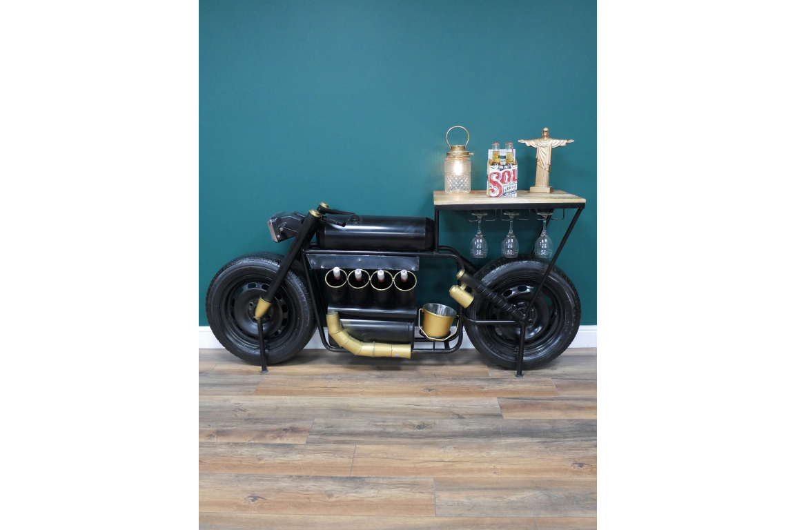 black motorcycle bar cart with wooden top, glass holders and metal wine rack design