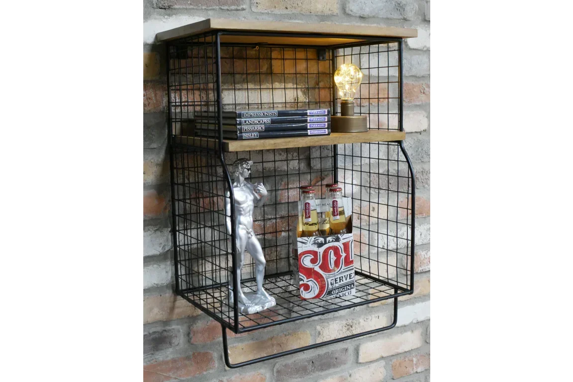 Industrial wire wall shelf with wood accents, displaying books, lamp, and drinks