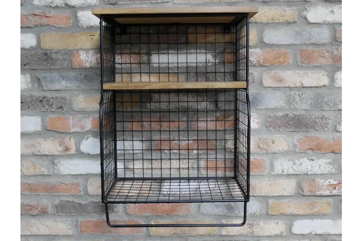 Metal wire wall shelf with wood accents mounted on exposed brick wall