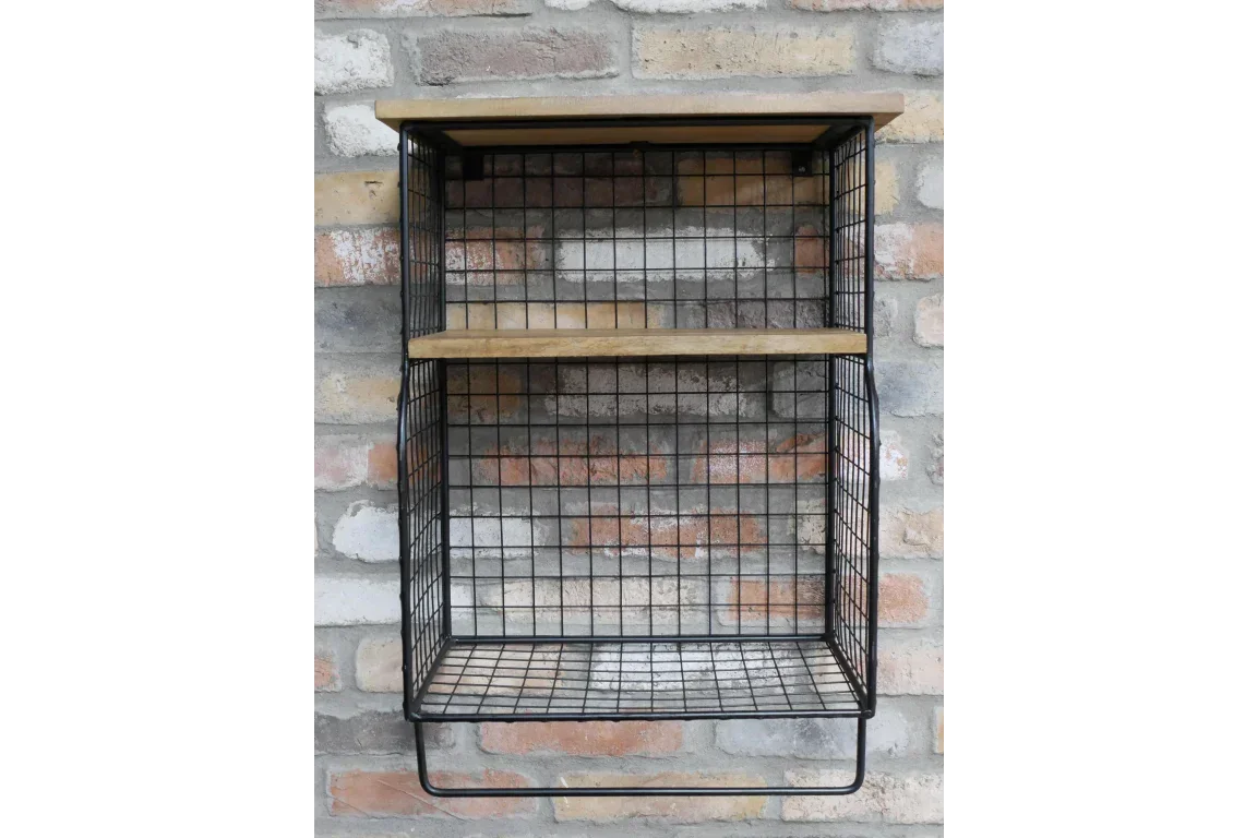 Industrial wall shelf with black wire frame and wood shelves against brick wall