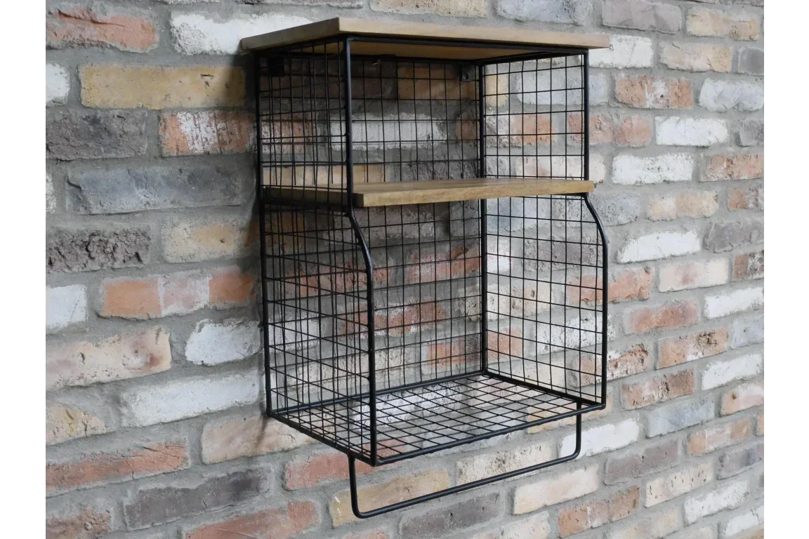 Wall mounted wire and wood storage shelf unit with two tiers against exposed brick