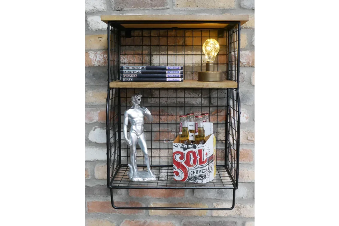 Industrial wall shelf with metal grid, wood accents, lamp, books, small statue, and beer pack