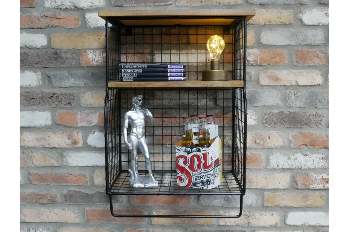 Wall mounted industrial wire shelf with wood panel, sculpture, books, lamp and drinks pack