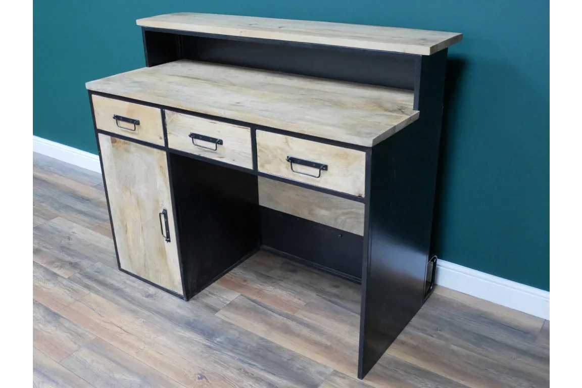 Industrial style desk with three drawers, cupboard and shelf, black frame and wood finish