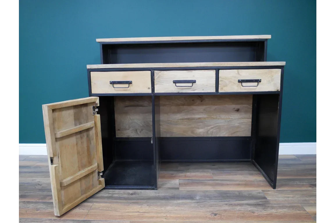 Industrial sideboard with three drawers, open shelf, and left cabinet door ajar