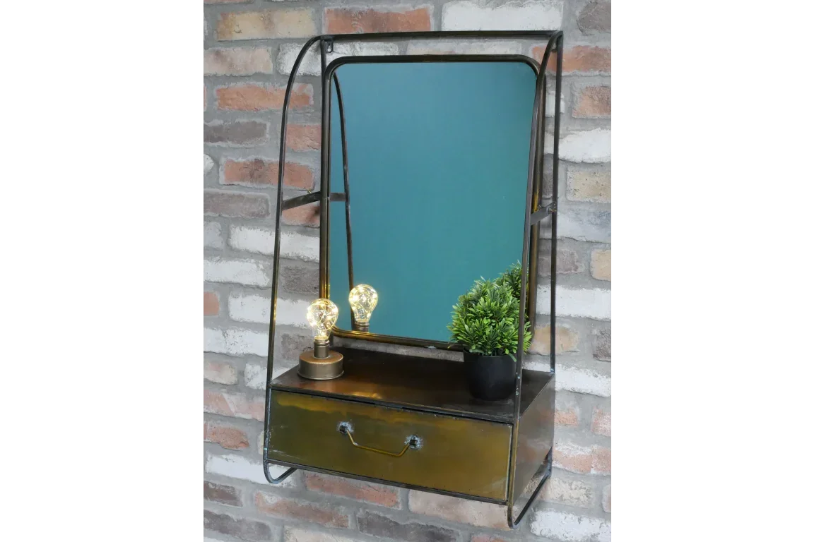 Industrial wall mirror with metal frame, drawer, lightbulb lamp and plant decor