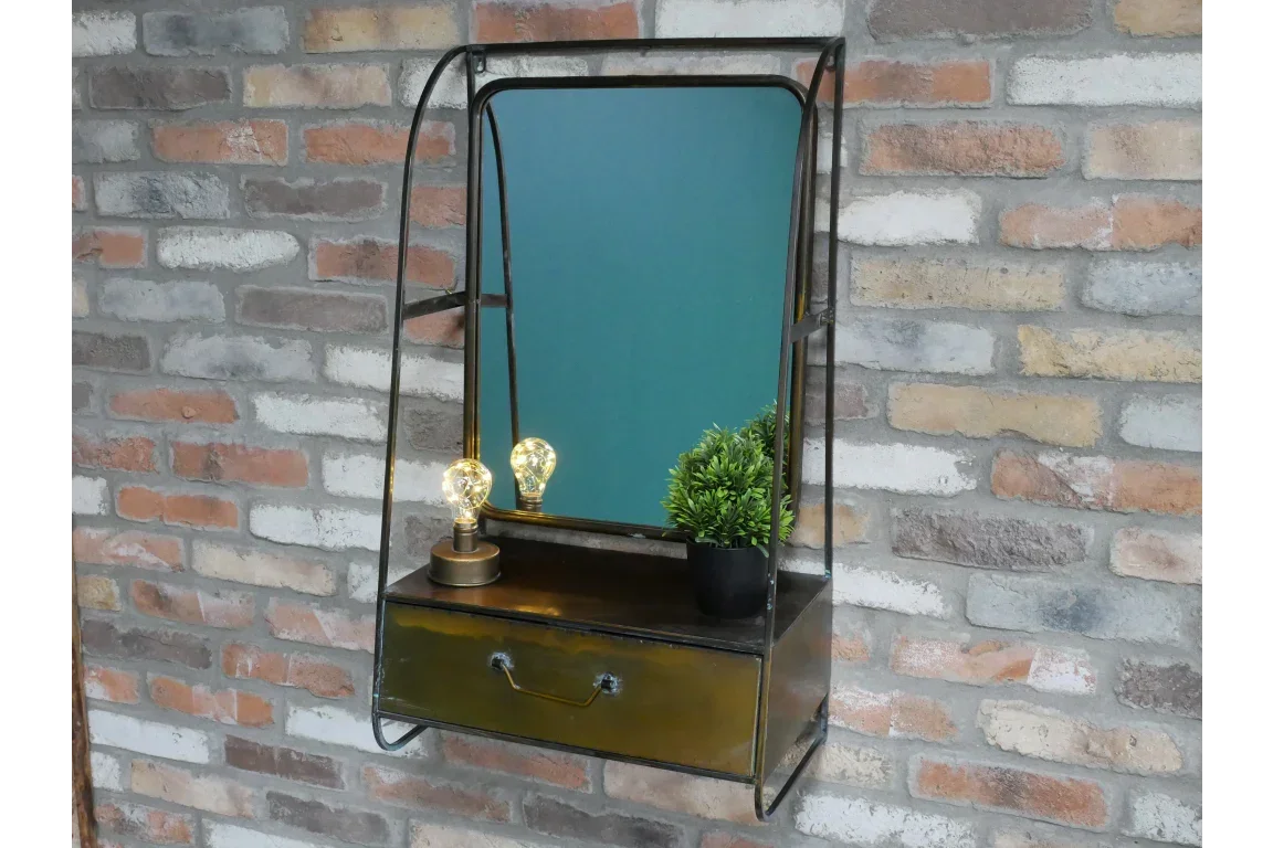Metal wall mounted mirror with drawer, small potted plant, and decorative bulbs