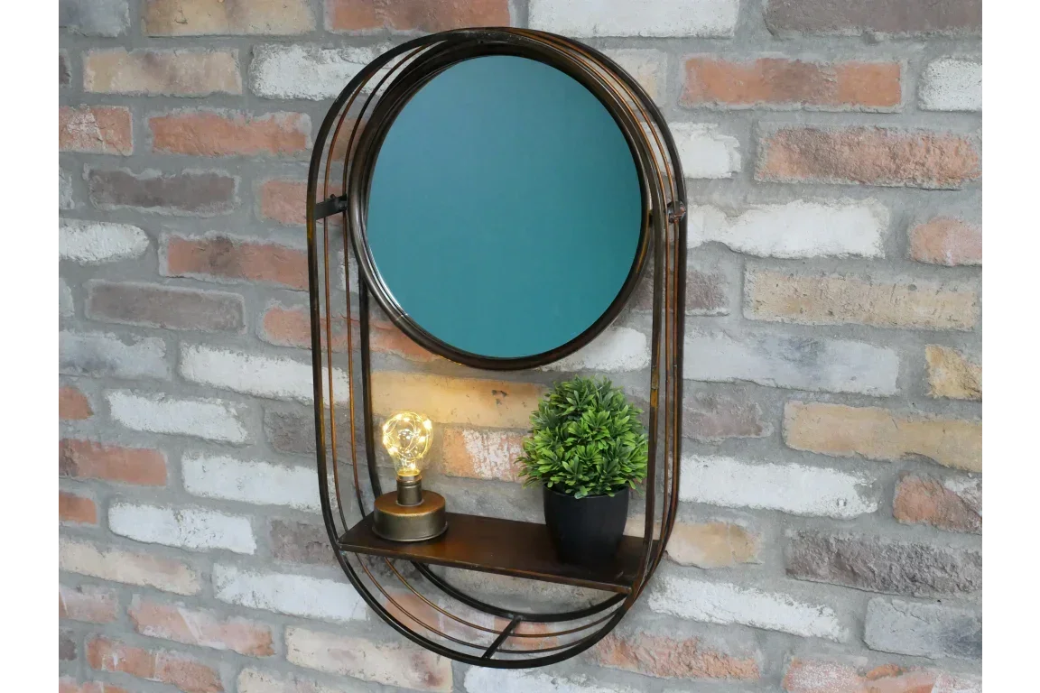 Oval wall mirror with black metal frame, built-in shelf, lamp and potted plant decor