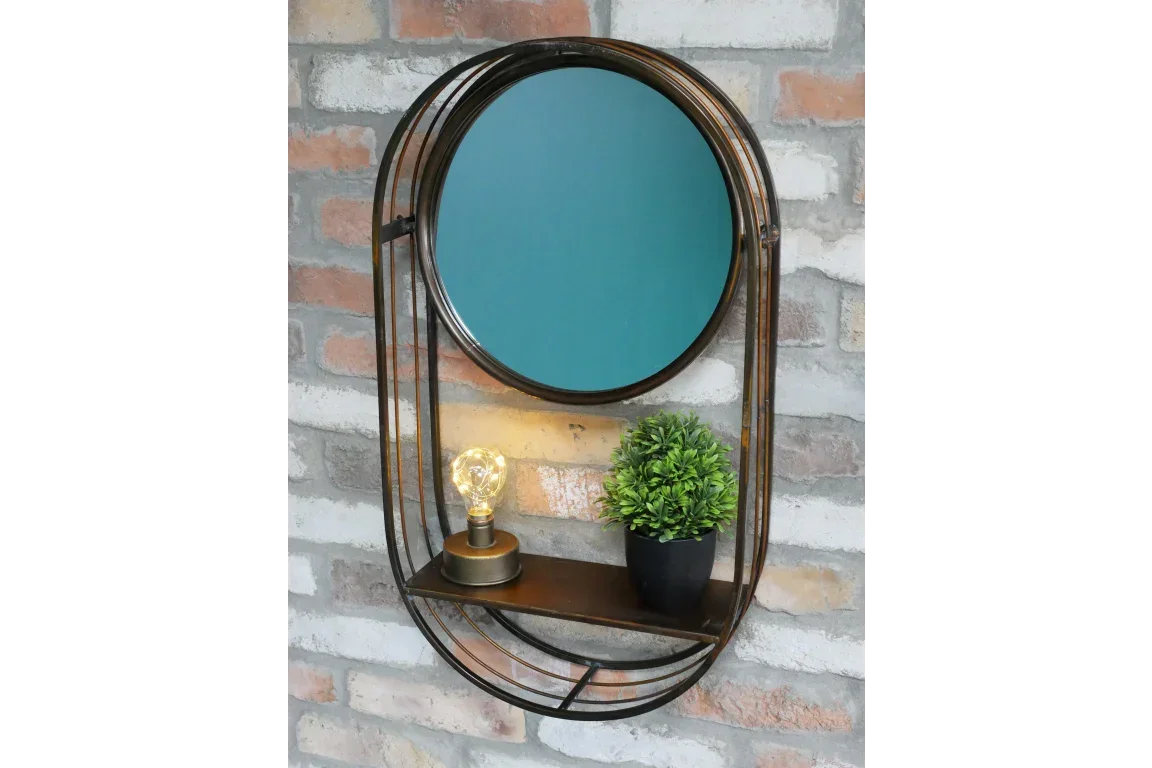Metal wall mirror with shelf, potted plant and bulb decor against brick background