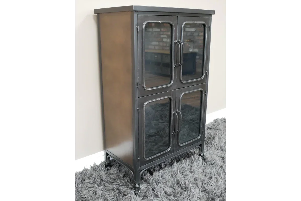 Black metal display cabinet with four glass doors on a grey rug