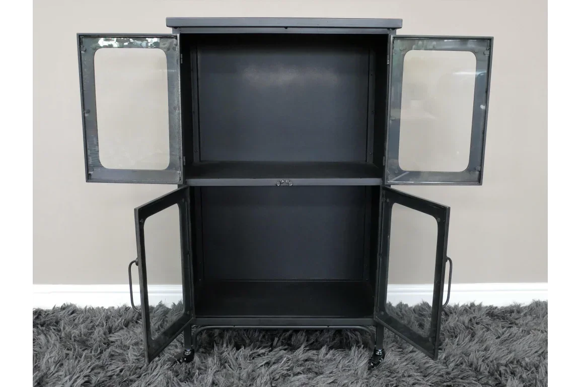 Black metal storage cabinet with glass panel doors open, showing two interior shelves