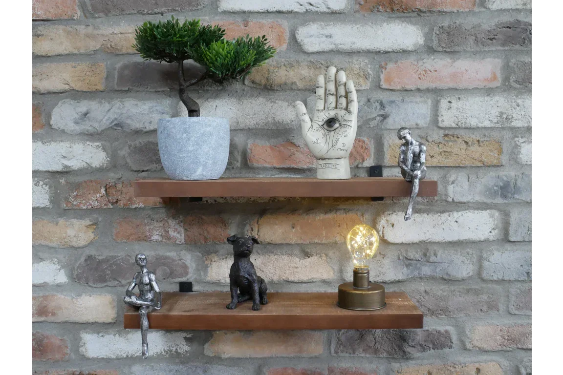 Wooden wall shelves with potted plant, figurines, decorative hand, and lit table lamp
