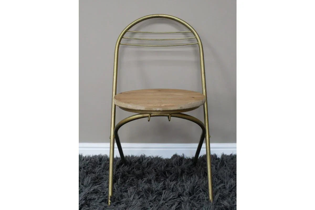 Metal and wood dining chair with curved backrest on grey shaggy rug, front view