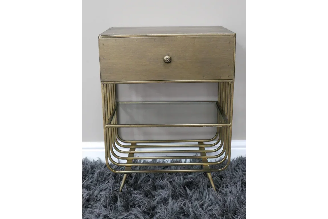 Brass finish bedside table with single drawer and open glass shelf on metal legs