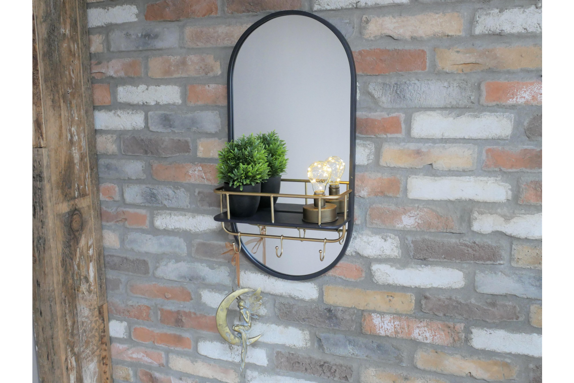 Oval wall mirror with black frame and brass shelf with hooks, decorated with two small plants and light bulbs.