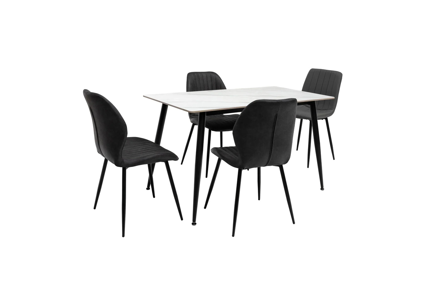 Modern dining table set with white top and four black upholstered chairs on black metal legs