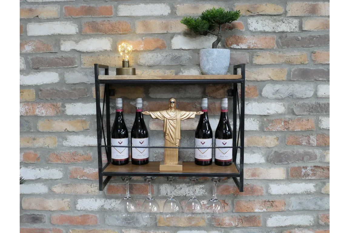 Wall mounted wine rack with four bottles, hanging glasses, potted plant and ornament