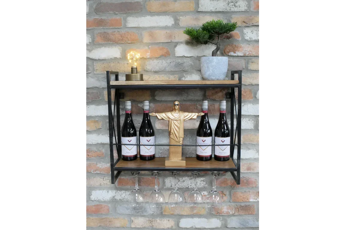 Wall mounted wine rack with shelf, four wine bottles, wine glasses, lamp, and potted plant