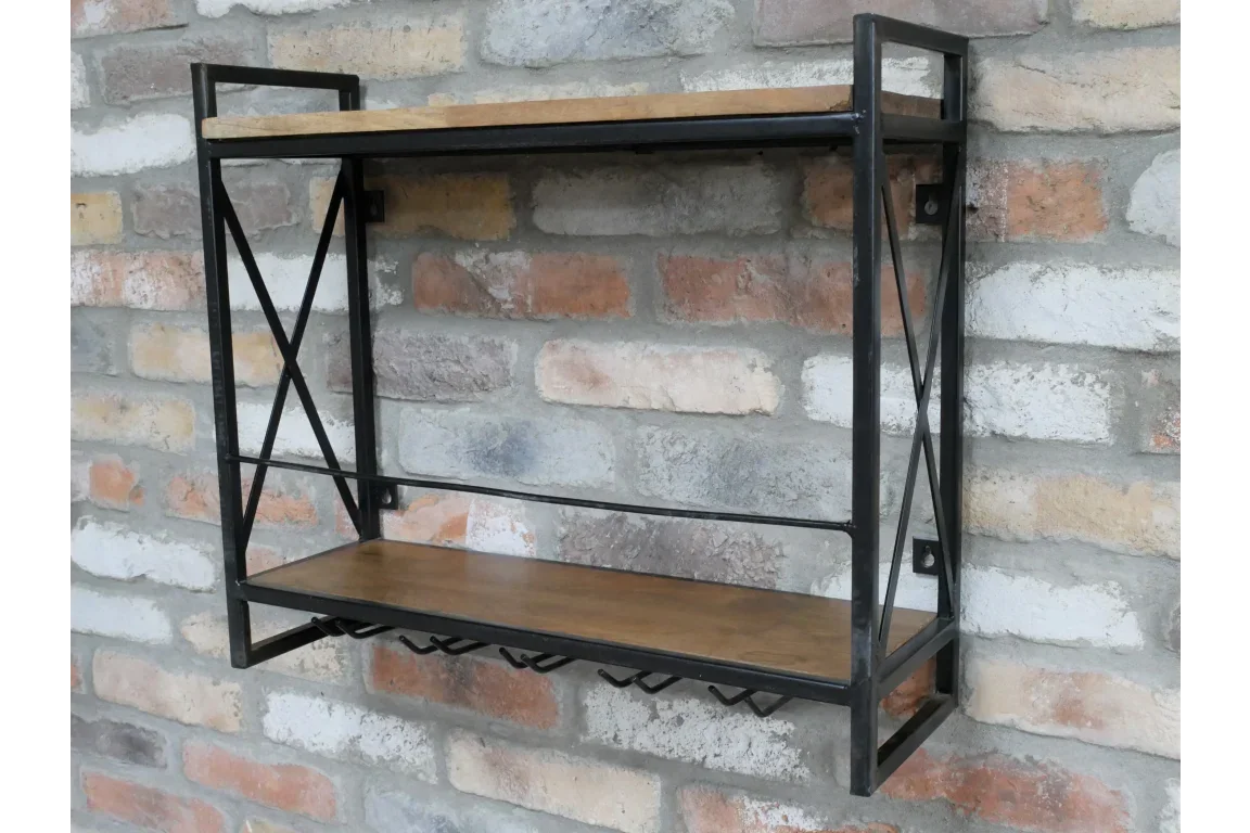 Industrial wall shelf with black metal frame and wood shelves mounted on brick wall