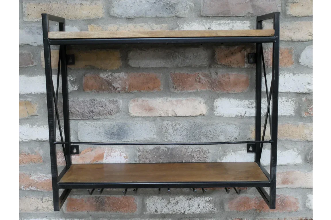 Industrial wall shelf with metal frame and wood shelves mounted on exposed brick wall