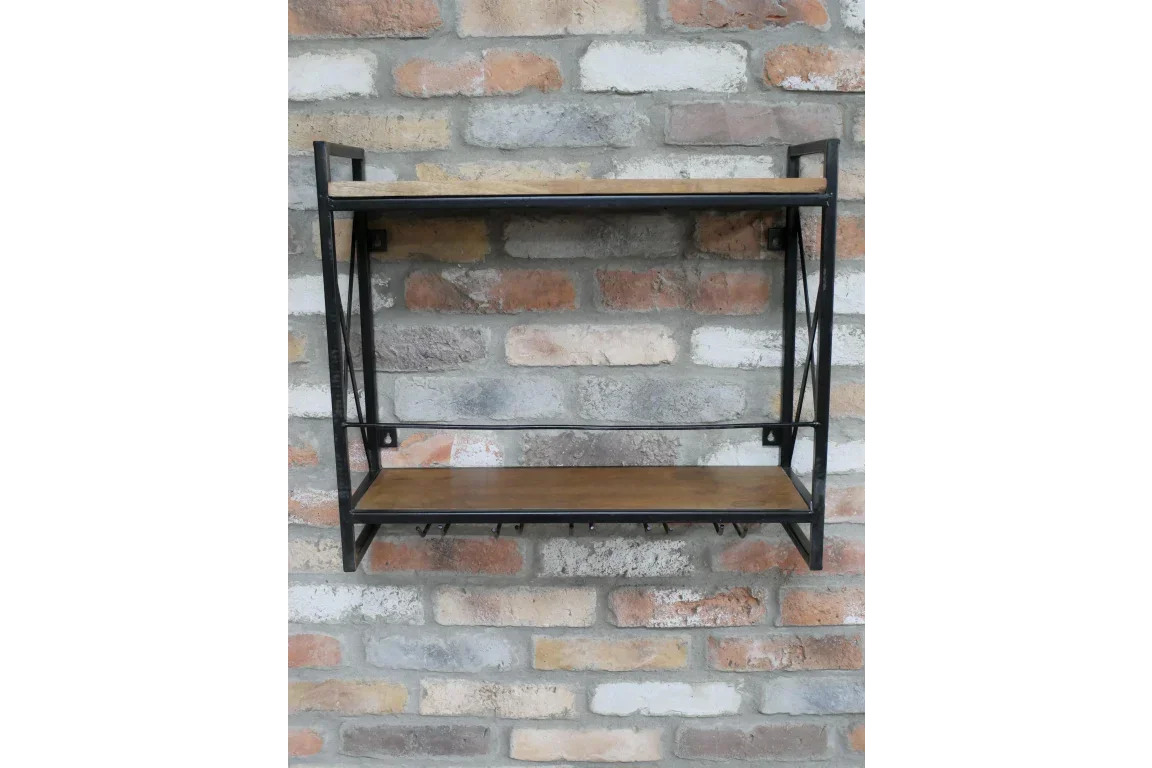Industrial wall shelf with black metal frame and wooden shelves on brick wall