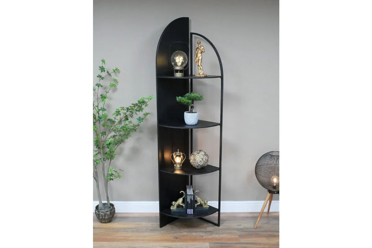 Black metal corner shelving unit with four tiers, decorative items, modern home display