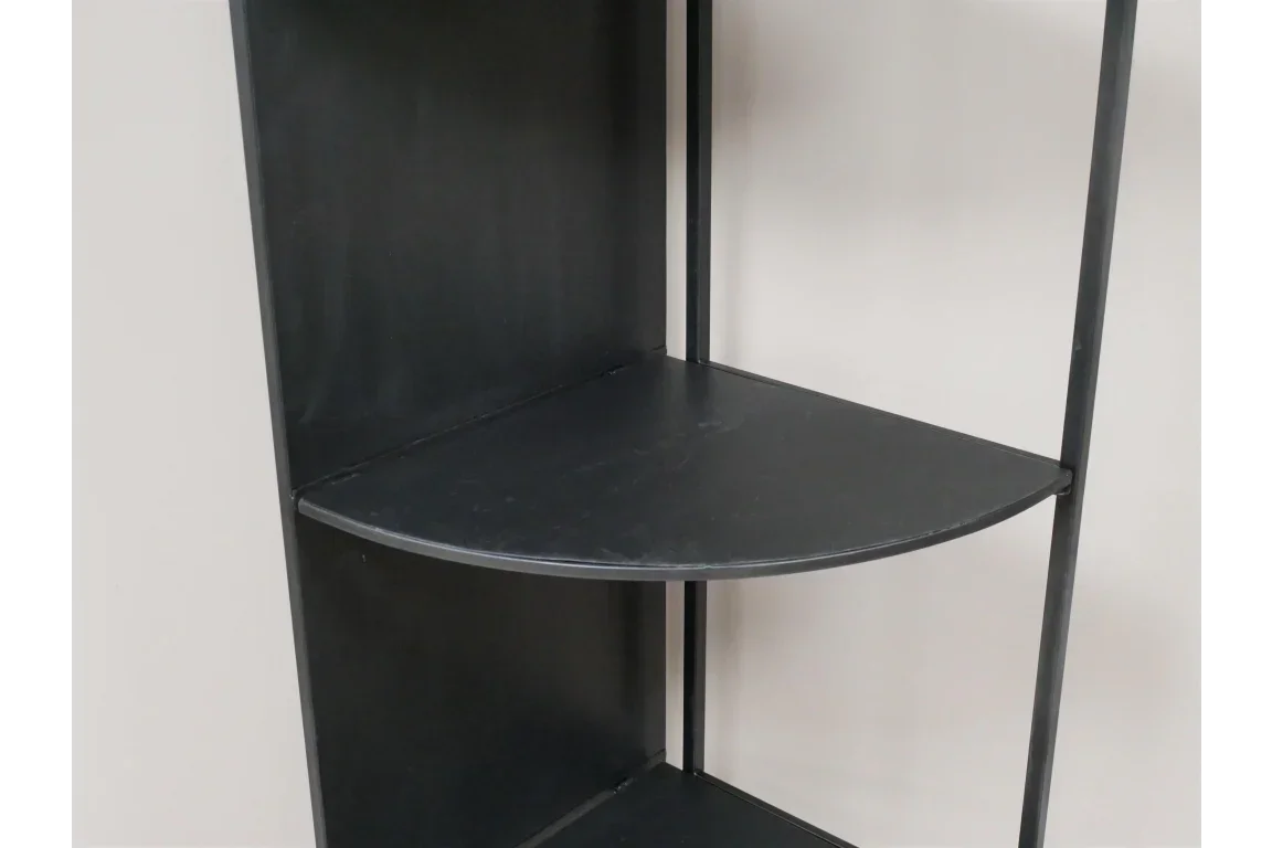 Black metal corner shelf unit with curved edge and matte finish