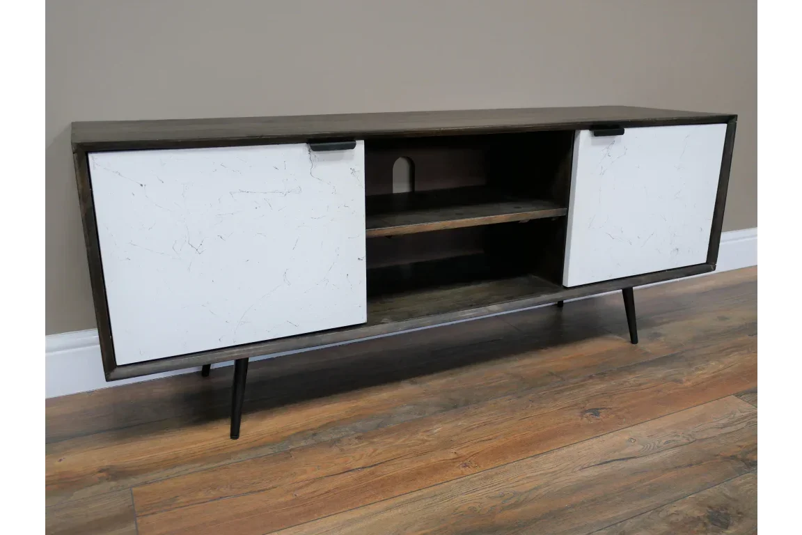 Modern wood TV unit with white sliding doors and open shelving, angled black legs