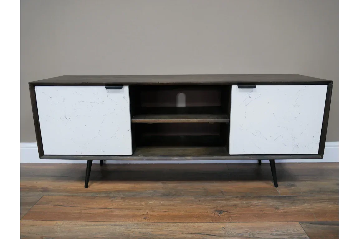 Modern TV unit with white marble-effect doors, open shelves, dark wood frame and angled legs