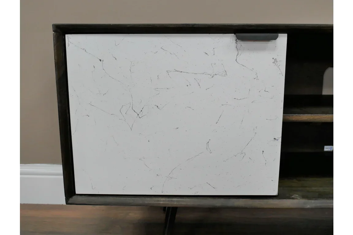 wooden sideboard with white marbled door and open shelving, modern furniture design
