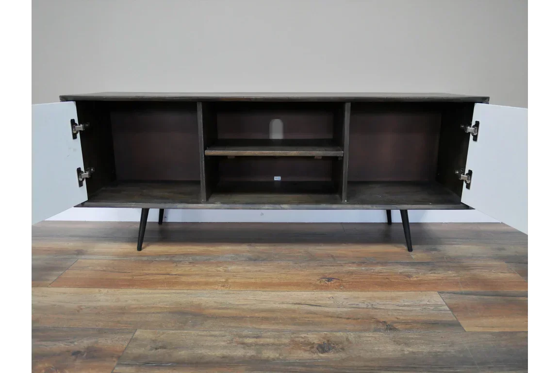 Dark wood TV unit with open shelving and two cabinets on angled legs