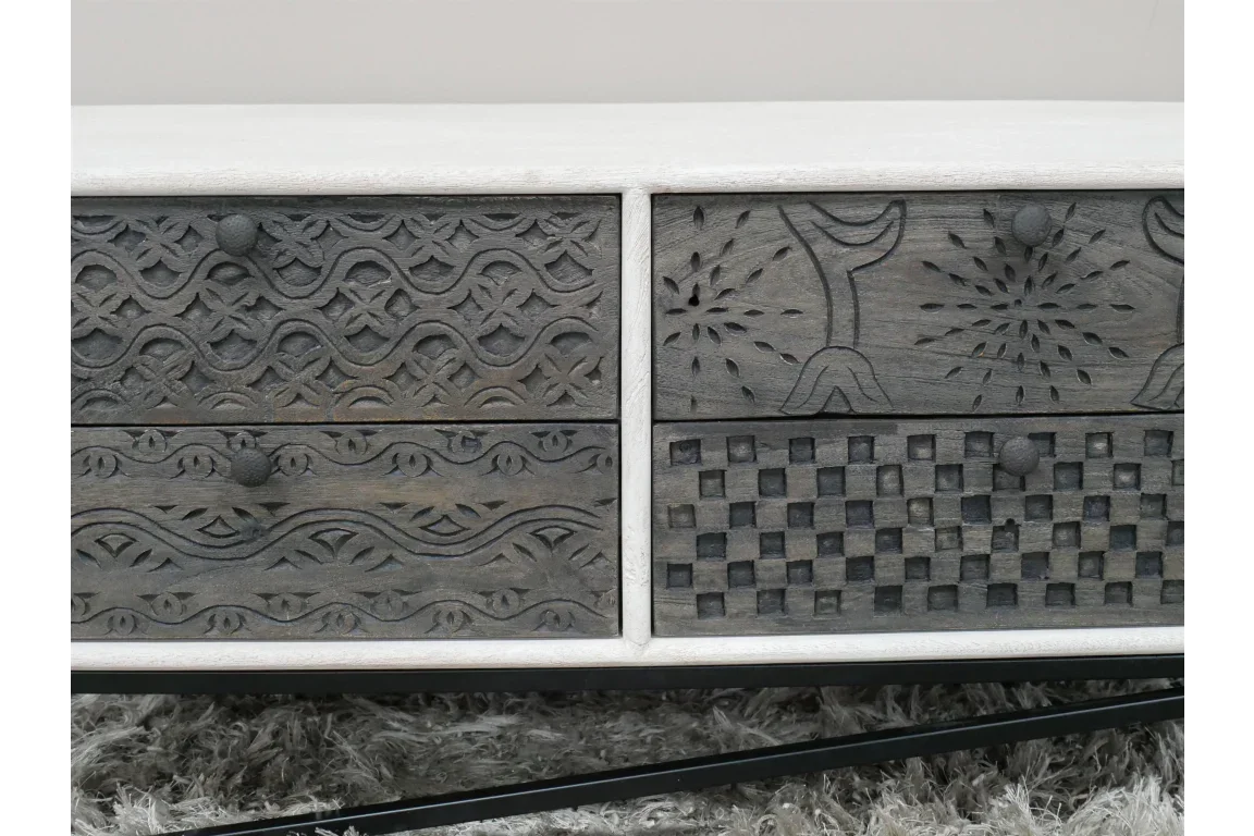 Carved wood sideboard drawers with geometric and floral patterns on metal legs