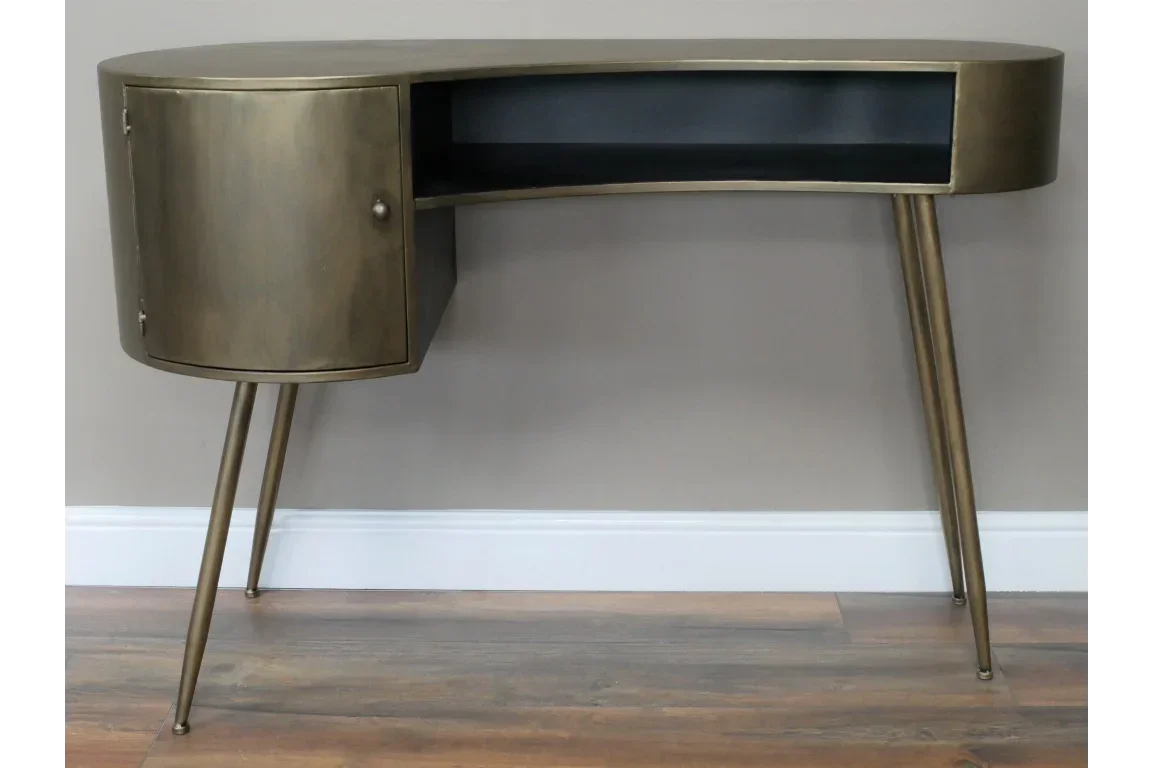 Brass console table with curved storage cabinet, open shelf and angled metal legs