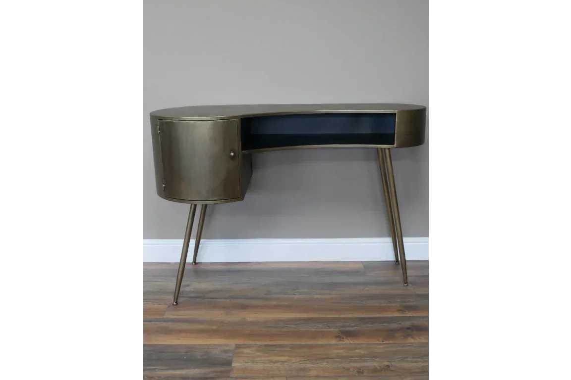 Brass metal console table with storage cabinet, curved top and slim angled legs