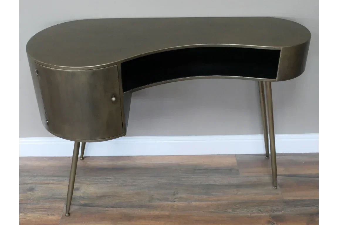 Brass metal console table with curved top, storage cabinet door and slim legs