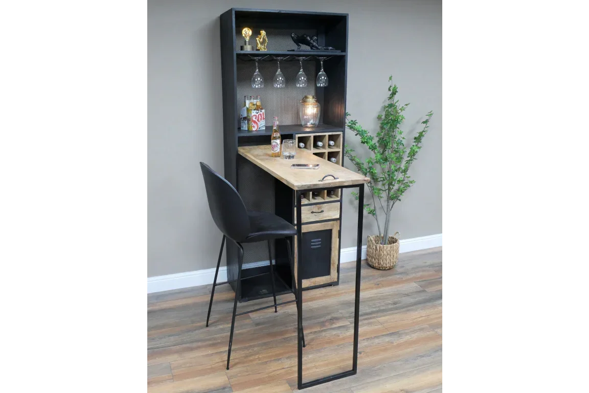 Industrial home bar unit with wood and metal frame, wine rack, shelving and bar stool