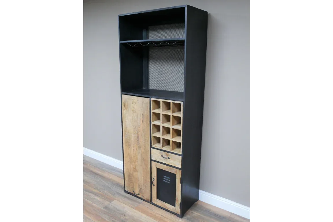 Industrial style wooden and black metal wine cabinet with shelves and bottle storage