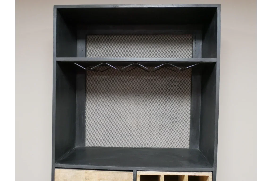 Black wooden shelving unit with mesh back and built-in wine glass rack
