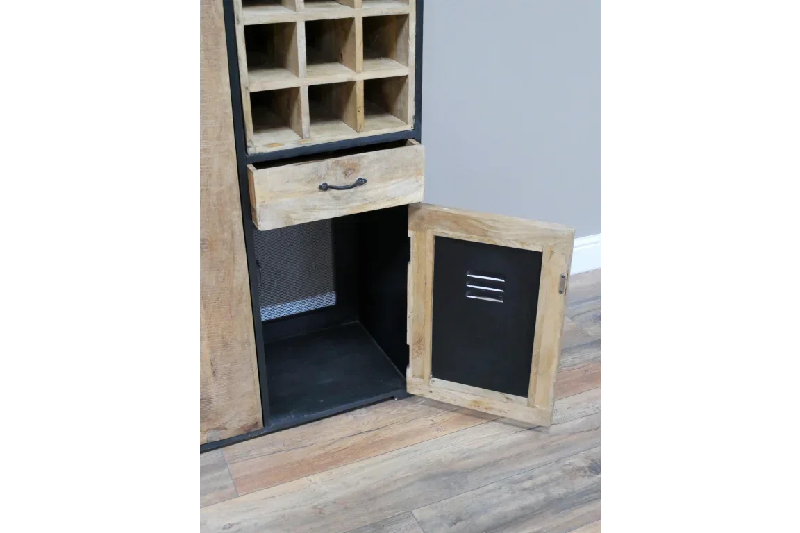 Rustic wood and metal wine cabinet with open door, drawer, and bottle storage compartments