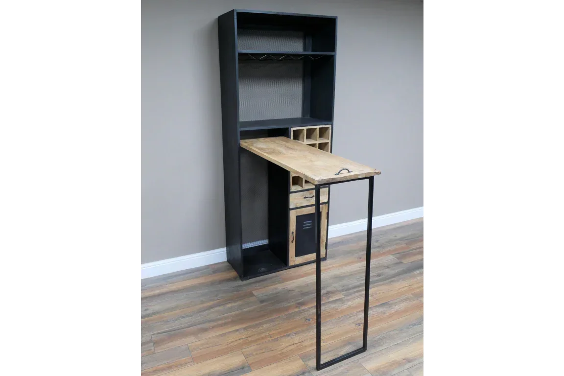 Industrial style bar cabinet with wine storage, wood worktop, metal frame, and shelving unit