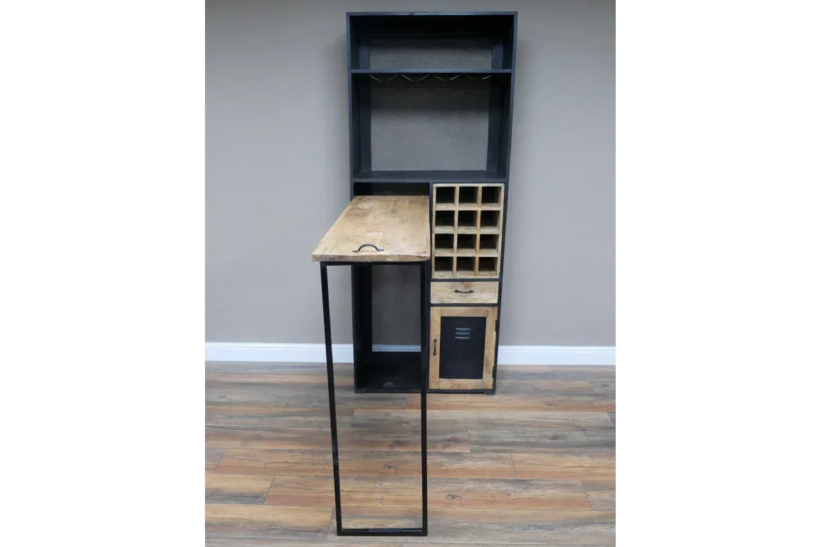 Industrial home bar cabinet with wine rack, open shelving, wood countertop, and metal frame