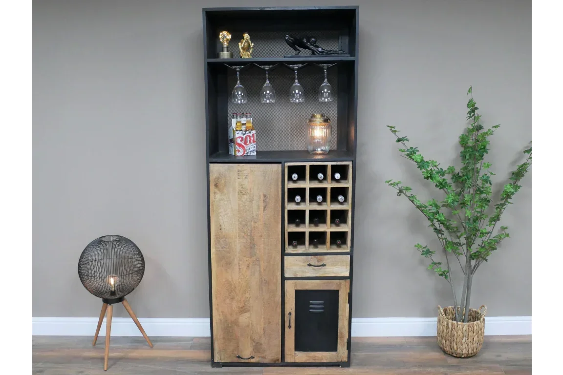 Industrial wood and metal bar cabinet with wine rack, shelving, and glass holders