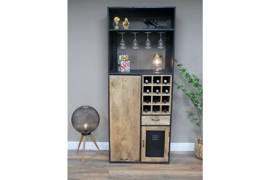 Industrial wood and metal wine cabinet with glass holders, bottle storage, and shelves