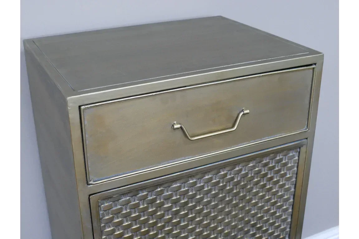 Metallic bedside cabinet with single drawer and basket weave textured front