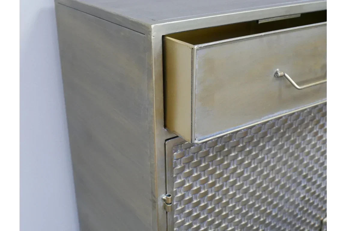 metal cabinet with open drawer and textured front panel
