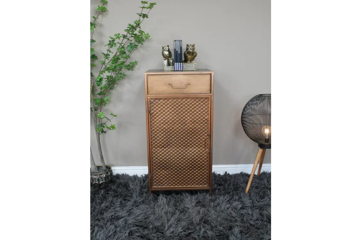 Brown wooden cabinet with woven front panel, single drawer, in a modern living room setting