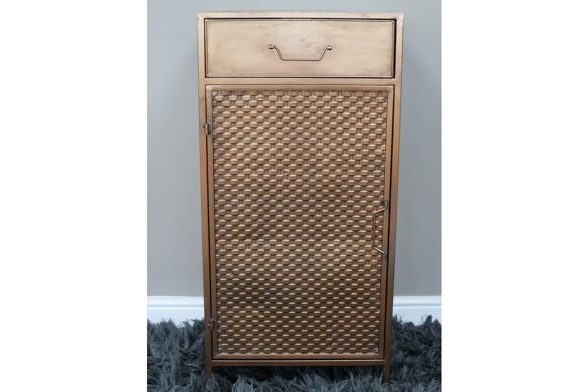 Woven front wooden cabinet with single drawer and metal handles on grey carpet