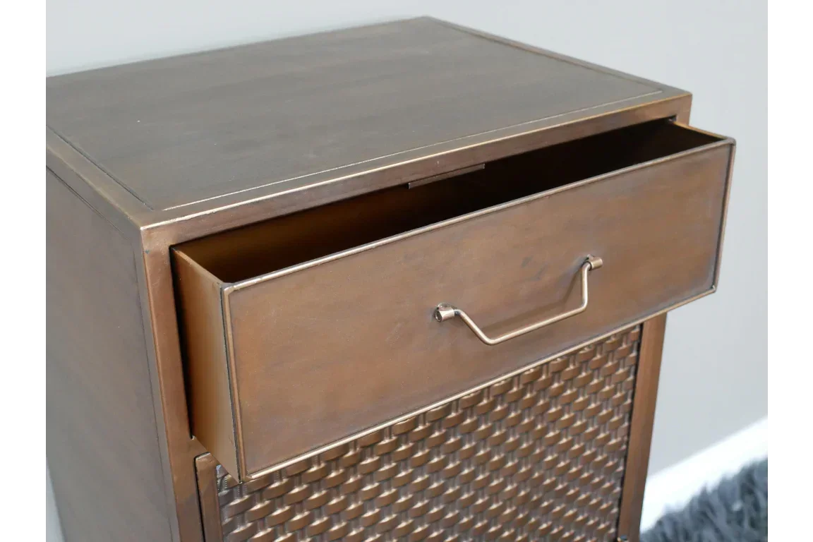 Bronze metal bedside cabinet with open top drawer and woven texture detail