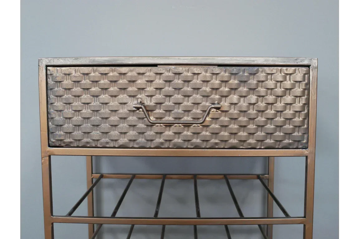 Metal console table with textured drawer front and open shelf design